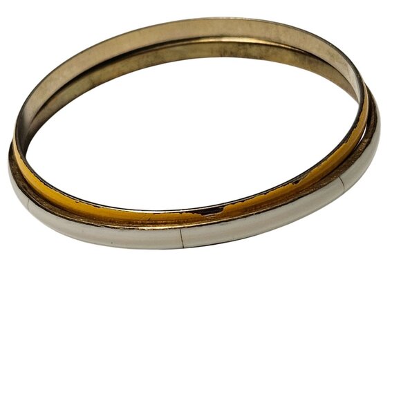Vintage Gold White Metal Bangles Set Of 2 Classic Minimalist Fashion Jewelry - Picture 1 of 5